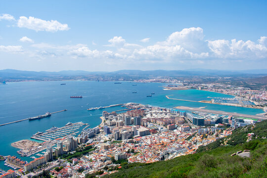 Aerial view of Gibraltar, Algeciras Bay and La Linea de la Concepcion from the Upper Rock. View on coastal city from above