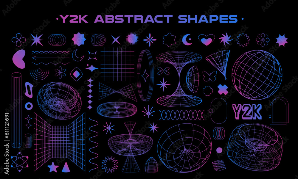 Poster Set of abstract aesthetic y2k geometric elements and 3D wireframe shapes. Gradient retro line design elements. Vector illustration for social networks or posters. EPS 10