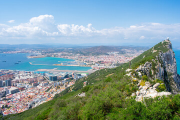 Aerial view of Gibraltar, Algeciras Bay and La Linea de la Concepcion from the Upper Rock. View on coastal city from above