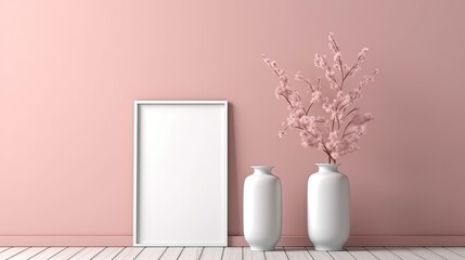 Interior poster mock-up with two contemporary vases in a room with a pink wall and a vertical empty frame on the floor. Generative AI