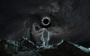 Obraz na płótnie Canvas 3D illustration of astronaut looks at Huge black hole warps space around. 5K realistic science fiction art. Elements of image provided by Nasa