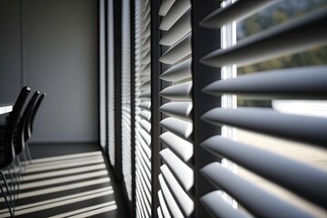 Naklejka premium modern dining room with a table, chairs, and window blinds. Generative AI