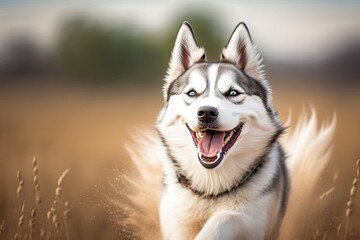 husky dog sprinting through a field of tall grass. Generative AI