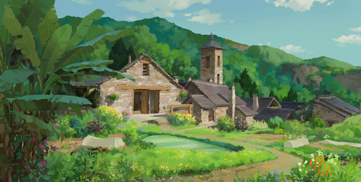 landscape of old house in the village with mountains in the background illustration