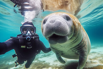 Scuba diver selfie with manatee underwater. Active holiday by the sea. Created with Generative AI. 