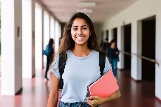 Confident Hispanic female high school student standing in a hallway, embodying the spirit of education and personal growth, generative ai