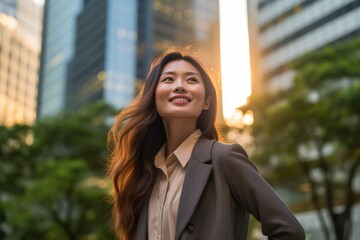 Happy wealthy rich successful asian businesswoman standing in big city modern skyscrapers street on sunset thinking of successful vision, dreaming of new investment opportunities. Generative AI