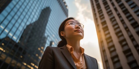 Fototapeta premium Happy wealthy rich successful asian businesswoman standing in big city modern skyscrapers street on sunset thinking of successful vision, dreaming of new investment opportunities. Generative AI