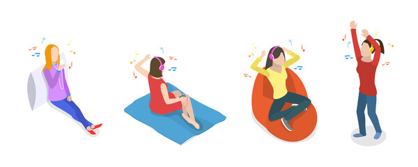 3D Isometric Flat  Conceptual Illustration of Music Enjoyment