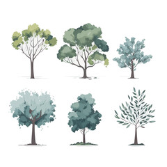 Minimal style tree painting hand drawn. Tree watercolor vector illustration. Set of graphics trees elements drawing for architecture and landscape design. White background