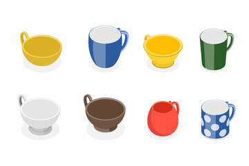 3D Isometric Flat  Set of Tea or Coffee Cups