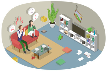 3D Isometric Flat  Conceptual Illustration of Quarreling Couple