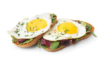 Delicious sandwiches with fried eggs on white background