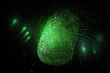 Green fingerprint on black background, biometric electronic data. Generative AI