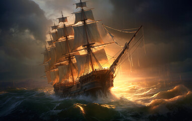 Old Wooden Sail Gliding Through Big Waves