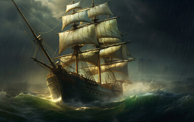 Old Wooden Sail Gliding Through Big Waves