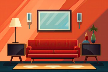 An illustration of a contemporary living room with a red sofa and a console cabinet on the wall Generative AI