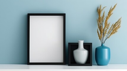 Obraz na płótnie Canvas A blue shelf has a black picture frame leaning on it. template for a blank mockup Background in a square Generative AI