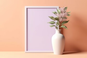 blank poster with a window and a flower in a ceramic vase sunshine against a pale violet background Generative AI