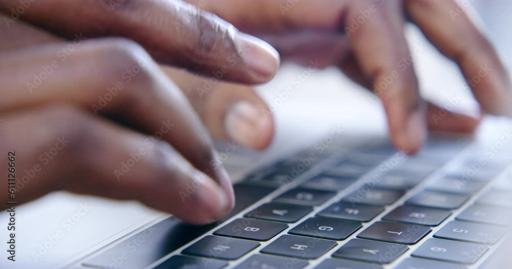 Poster closeup of person typing on laptop for research, website and planning digital information online. in