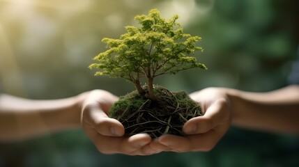 Hand holding a tree together. Image of respect for the environment.