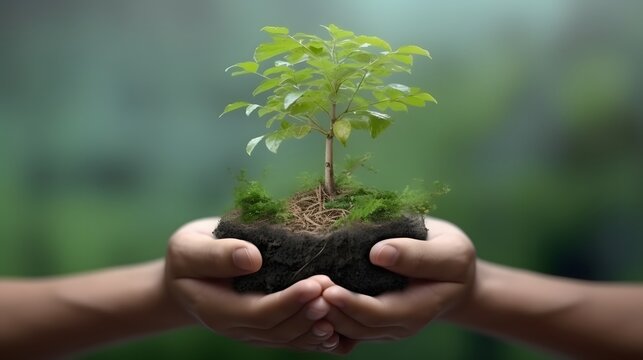 Hand holding a tree together. Image of respect for the environment.