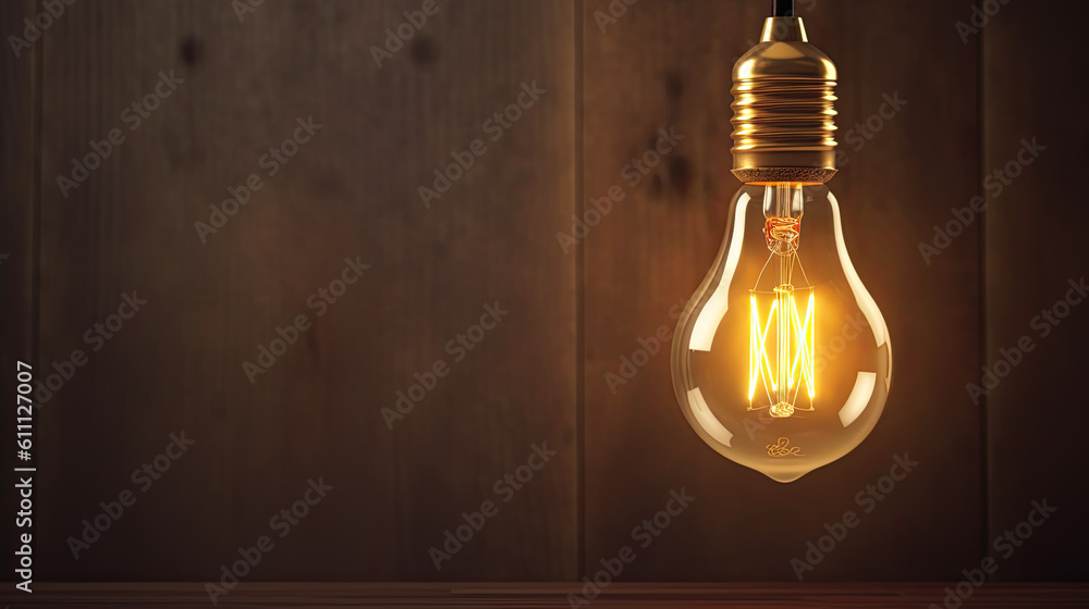 Poster incandescent light bulb with tungsten filaments on old rustic concrete wall background. save the ene
