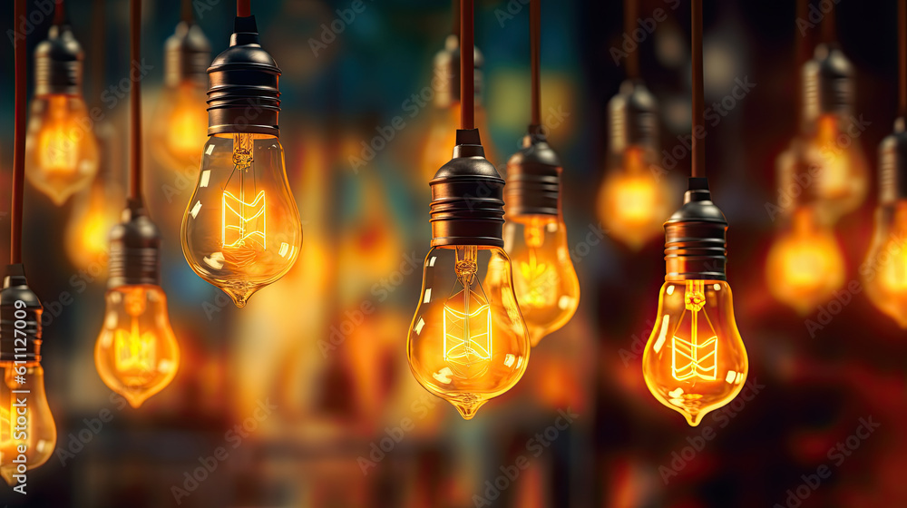 Poster incandescent light bulb with tungsten filaments on old rustic concrete wall background. save the ene