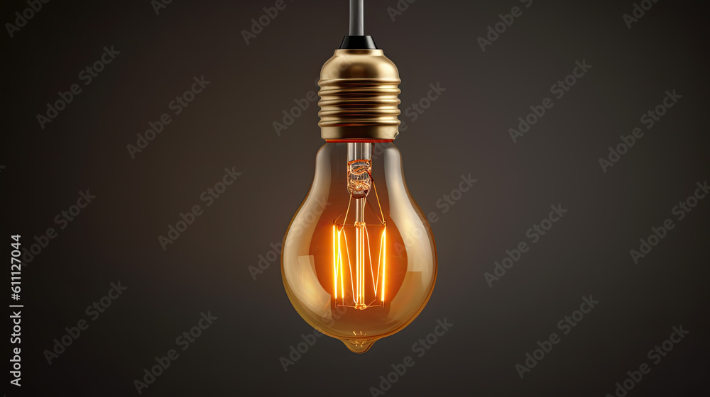 Poster incandescent light bulb with tungsten filaments on old rustic concrete wall background. save the ene