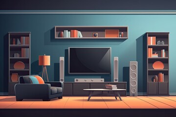 residing room living room with a mock-up of an empty TV. Wall-mounted TV that is completely black. television, speakers, books, a bookshelf, and a back couch are all in the living room. Generative AI