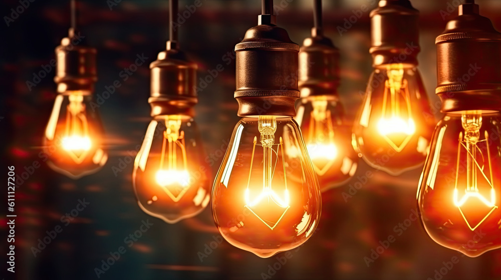 Poster incandescent light bulb with tungsten filaments on old rustic concrete wall background. save the ene
