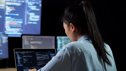Close Up Back View Of Asian Female Programmer Having A Headache While Writing Code By A Laptop Using Multiple Monitors Showing Database On Terminal Window Desktops In The Office
- Powered by Adobe