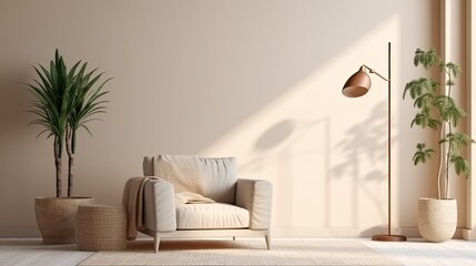 Interior of a light living room with furnishings, a decorative pot plant, and copy space on the wall. a mockup Generative AI