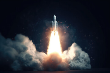 The rocket takes off upwards leaving big clouds of smoke underneath, isolated on dark background with copy space. Concept of science, space travel, space exploration. Generative AI photo imitation