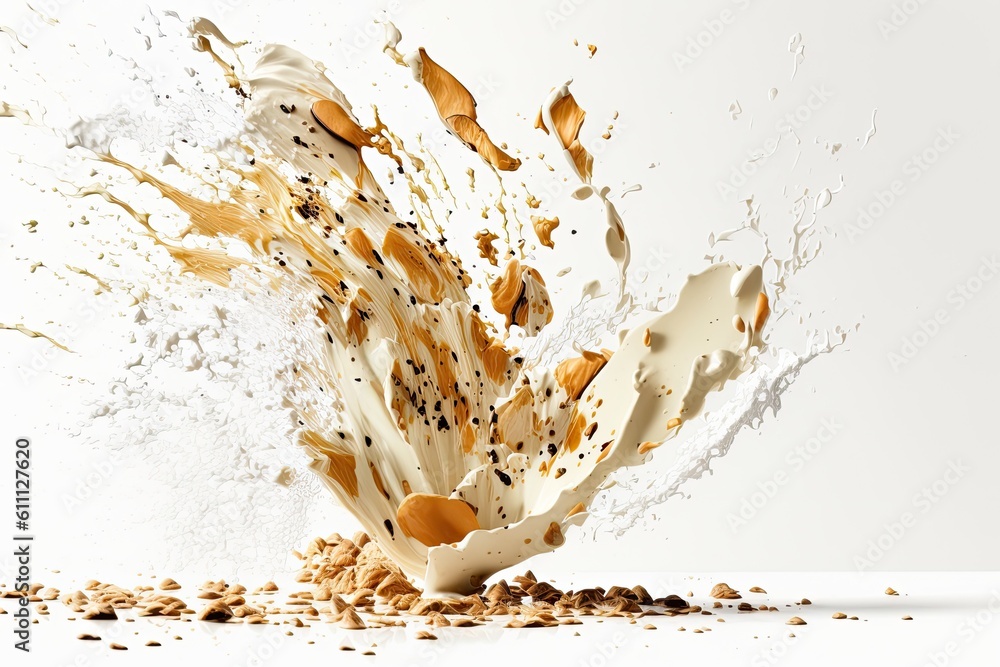 Poster milk and nuts splashing on a white background. generative ai