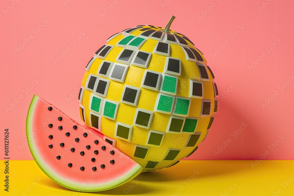 Canvas Prints Disco ball like watermelon on yellow background. Modern design. Copy space. modern artwork. Creative conceptual and colorful collage. Watermelon disco ball summer concept. Generative AI