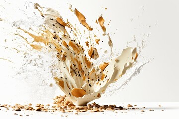 Obraz premium milk and nuts splashing on a white background. Generative AI