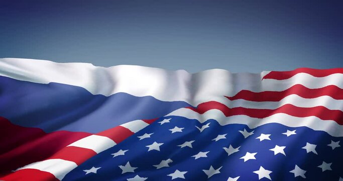 Animation of waving combined flag of russia and united states with blue background