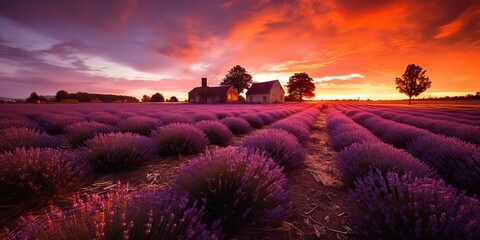 AI Generated. AI Generative. Beautiful pink lavender field. Wild nature adventure farm garden. Graphic Art