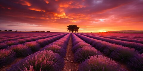 Fototapeta premium AI Generated. AI Generative. Beautiful pink lavender field. Wild nature adventure farm garden. Graphic Art