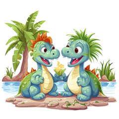 Cartoon Dinosaurs eating grass by the river Design, Png, illustration, Generative AI