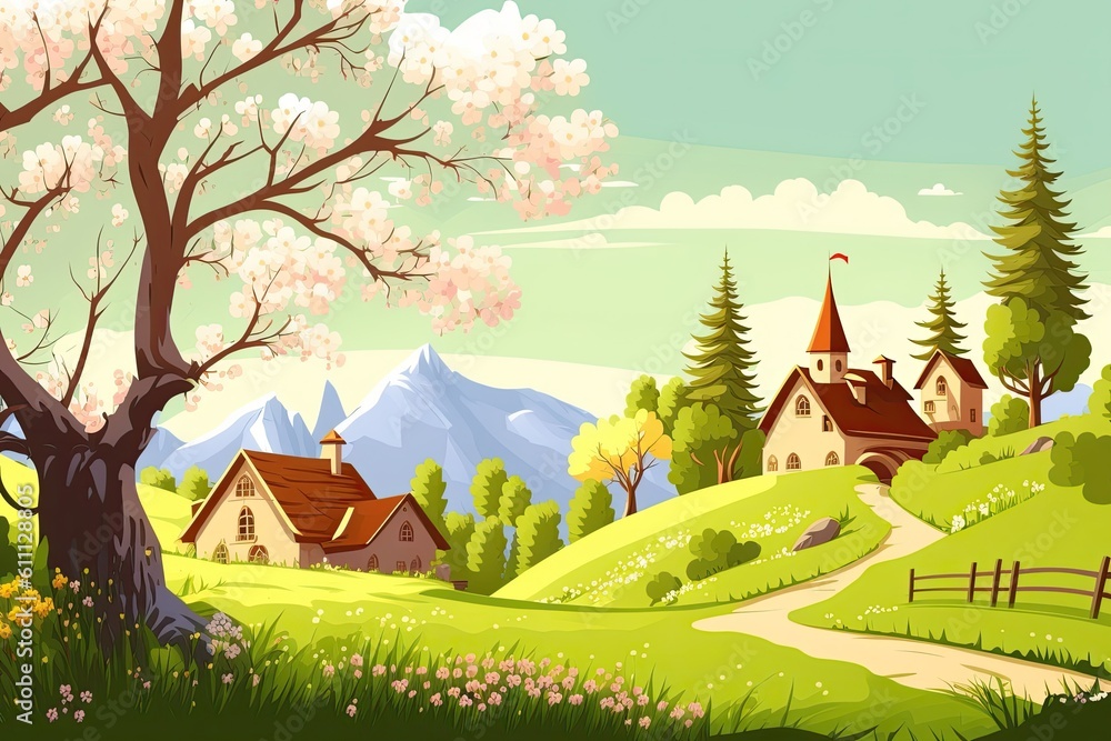 Poster serene countryside scene with a rustic house and a tall tree. generative ai