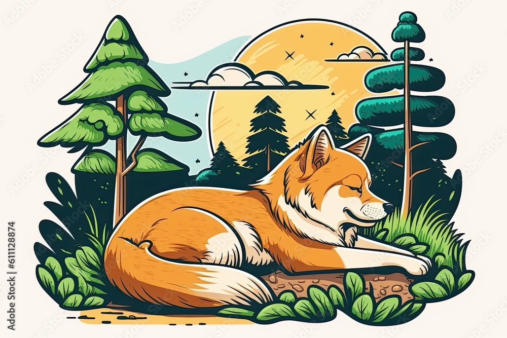 Poster relaxed red fox resting on a wooden log in a forest. generative ai