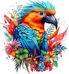 Parrot on a branch, With flowers