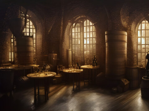 The interior of an old wine bar full of bottles and glasses on table and barrels of wine. generative ai illustration