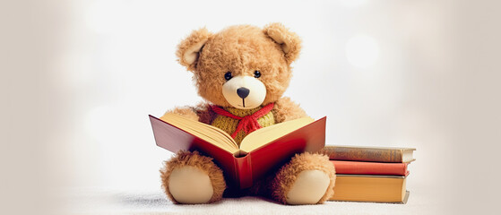 brown cute teddybear is reading fairy tales and is sitting on white background, generative ai illustration - obrazy, fototapety, plakaty