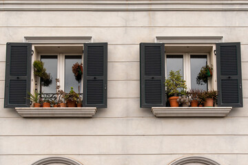 Facade of an elegant palace with a  pair of windows and potted plants on the windowsills