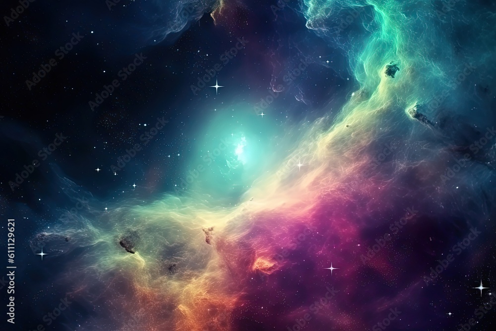 Poster colored nebula and open cluster of stars in the universe. colorful nebula in deep space with stars, 