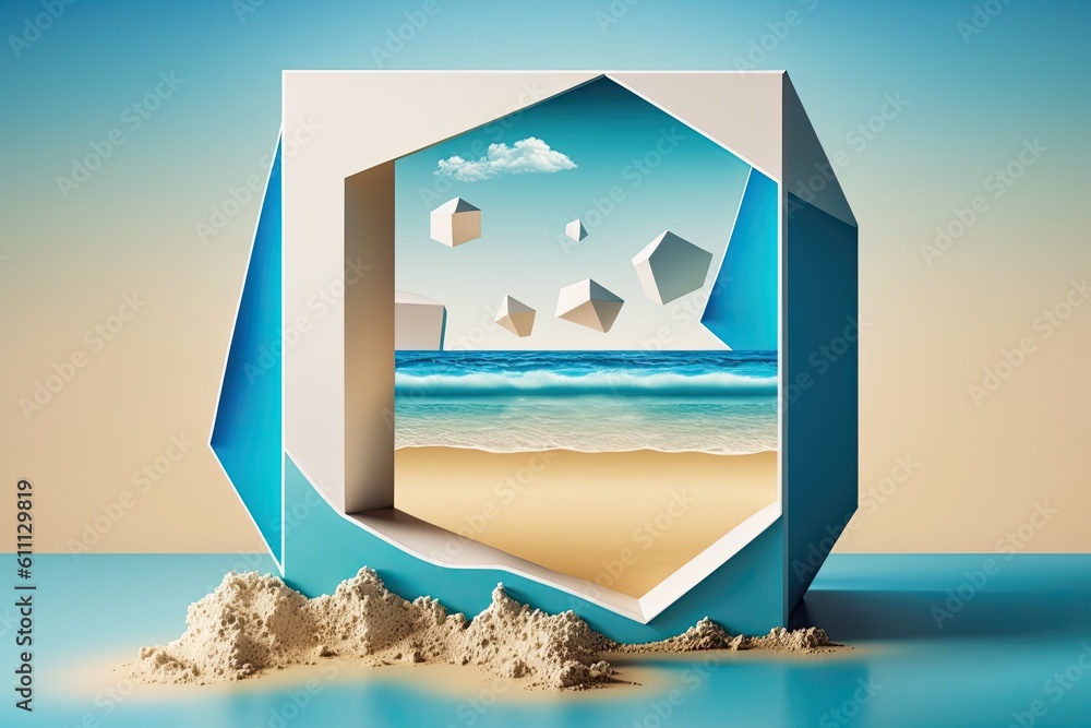 Poster abstract summer scene with geometric form. view of the beach and the sea. generative ai