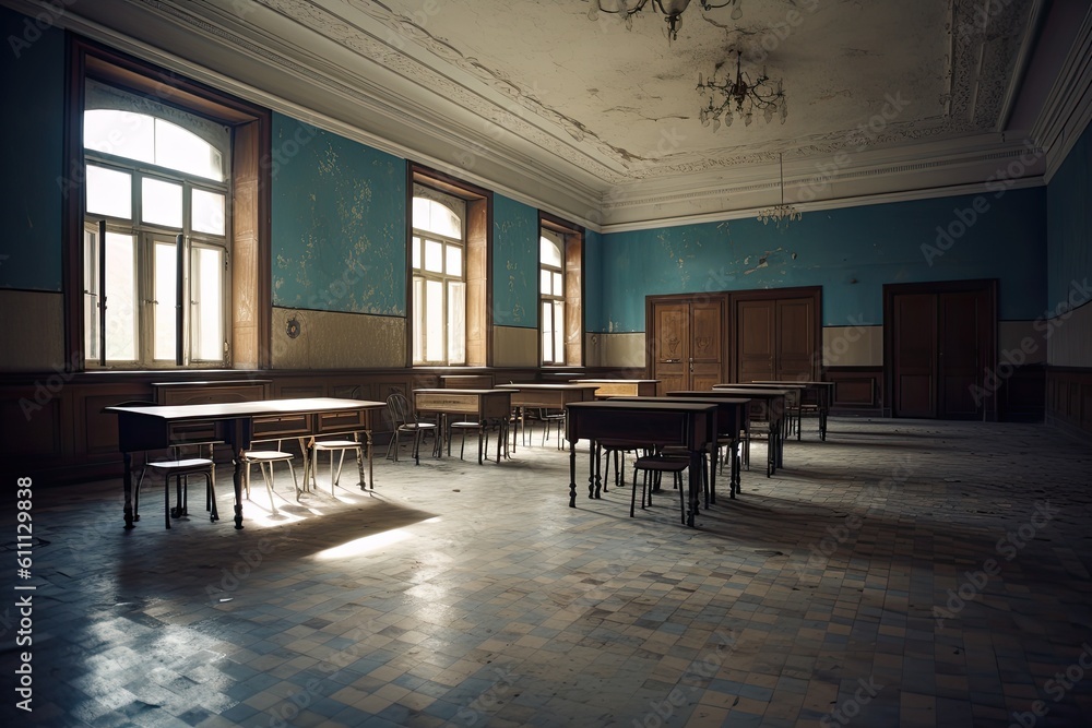 Poster empty classroom with tables and chairs in an old school building. 3d rendering, decorated interior o